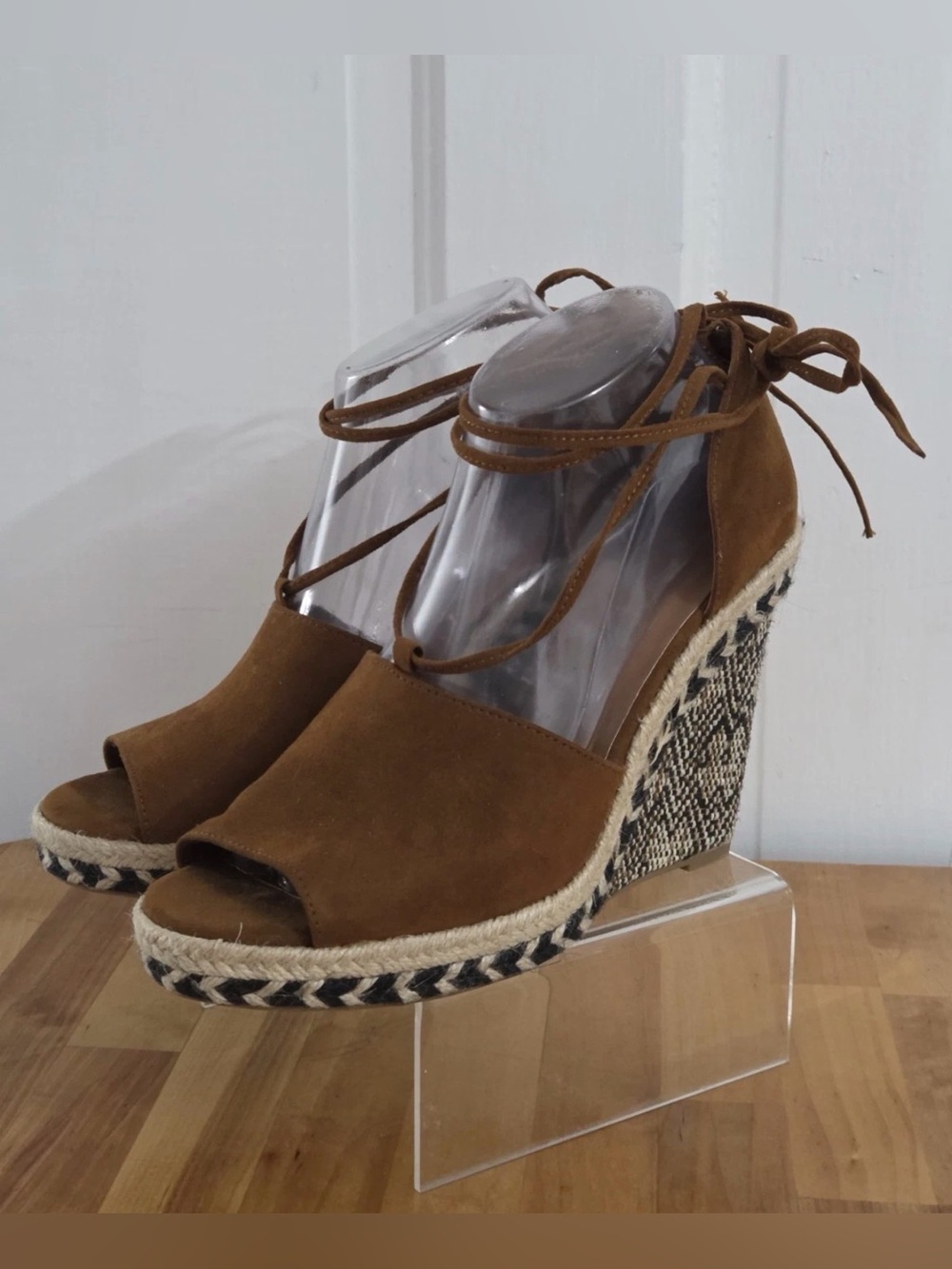 Suede Peep-Toe Lace-Up Wedge Sandals in Tan